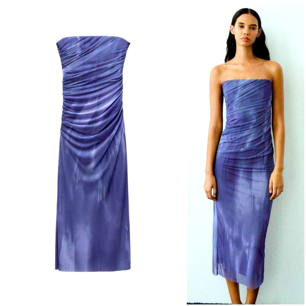 Zara blue grey mesh strapless midi dress